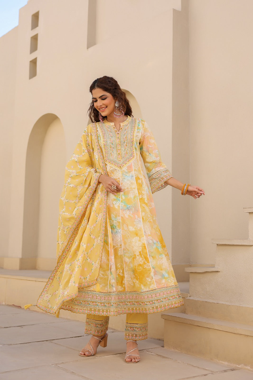 Yellow Embroidered Silk Blend Anarkali Suit Set With Trousers