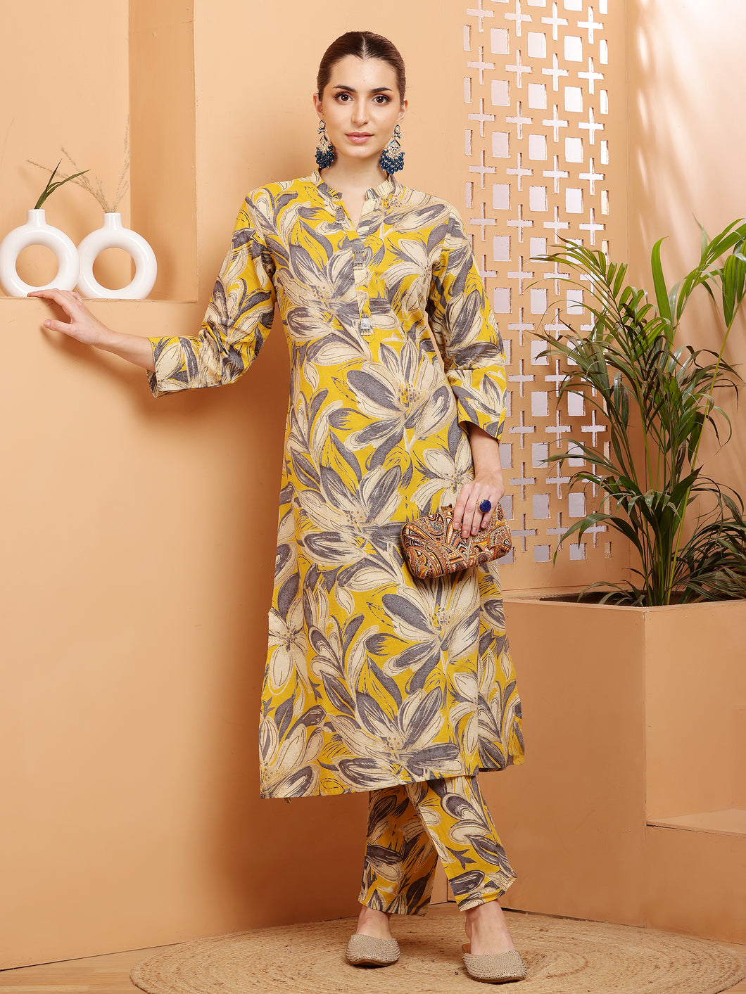 Yellow Cotton Kurti coord Set