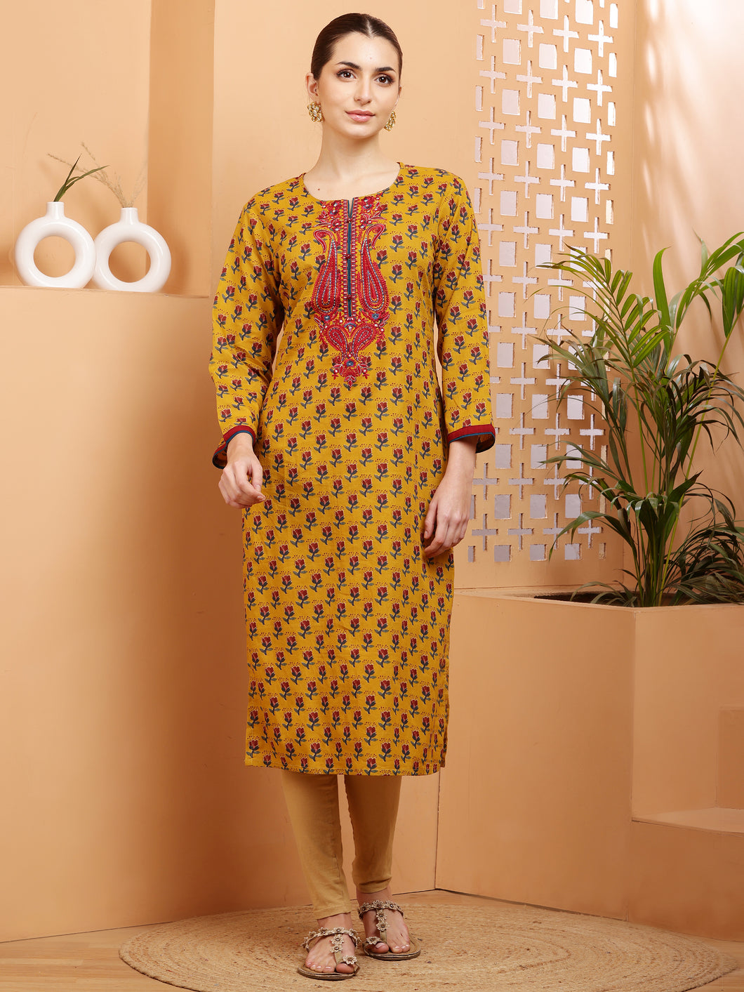 Mustard Embroidered Cotton Kurta