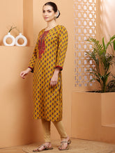 Load image into Gallery viewer, Mustard Embroidered Cotton Kurta
