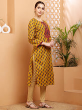 Load image into Gallery viewer, Mustard Embroidered Cotton Kurta
