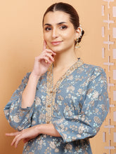 Load image into Gallery viewer, Blue Embroidered Cotton Kurta
