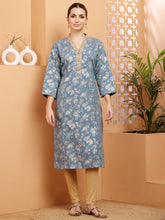 Load image into Gallery viewer, Blue Embroidered Cotton Kurta
