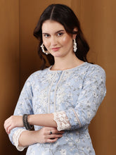 Load image into Gallery viewer, Powder Blue Floral Cotton Suit Set
