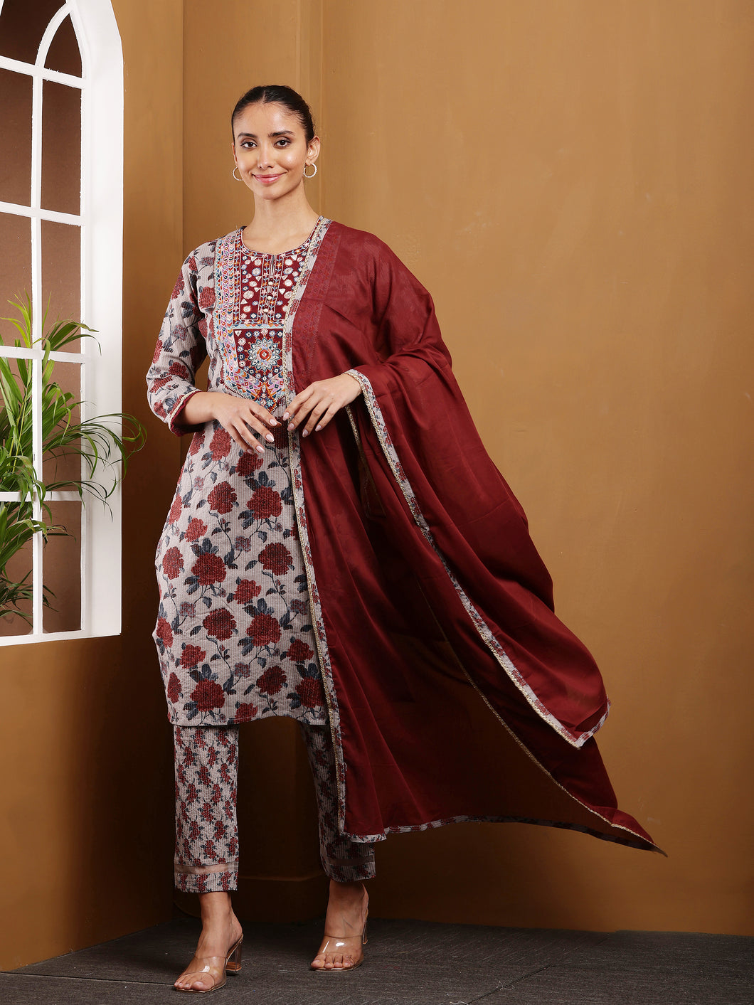 Urvi - Cotton Suit Set - Maroon