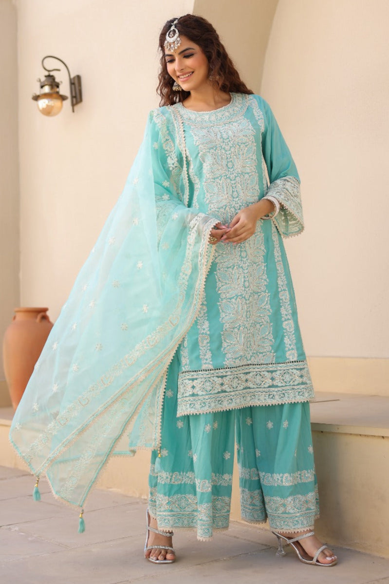 Fida : Cotton Sharara Suit Set : Sea green