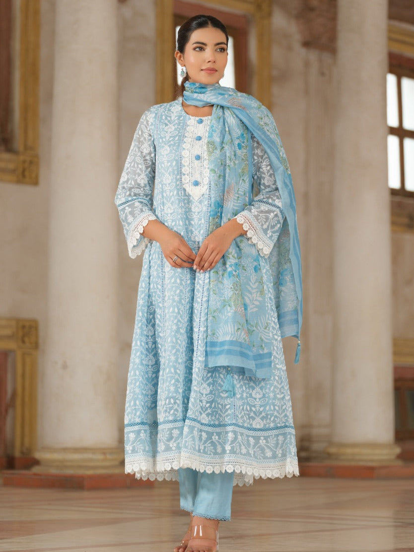 Embroidered Anarkali suit set - Cotton