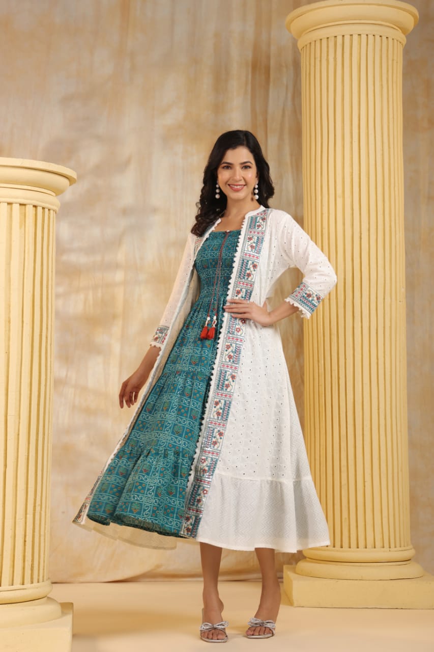 White & Teal Summer Cotton dress