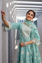 Load image into Gallery viewer, Shruti_Anarkali Suit Set _ Cotton _ Green
