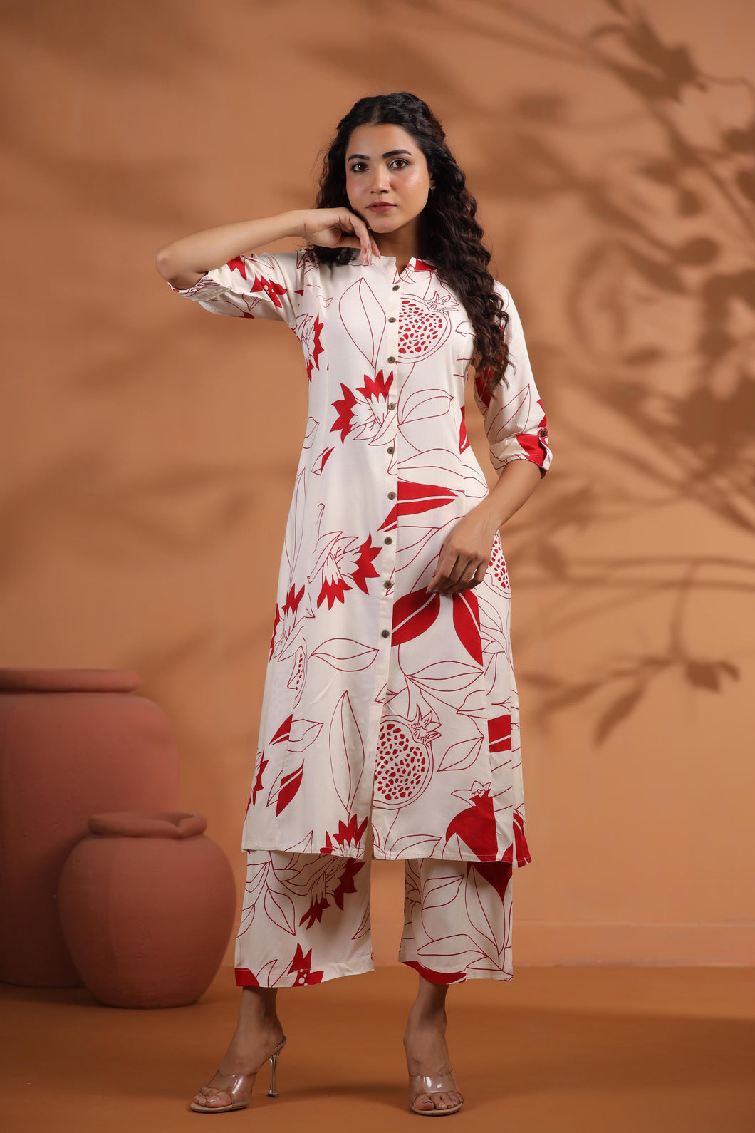 White & Red Cotton Kurta & Pant Co-ord Set - 999