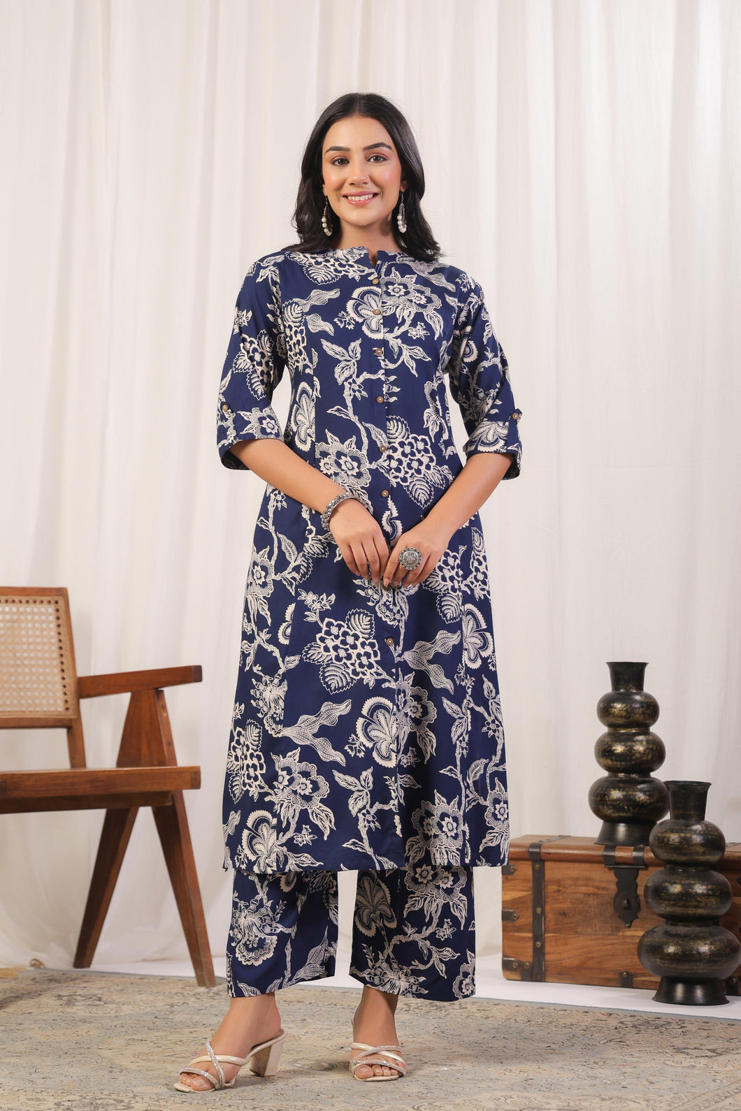 Blue Floral Cotton Kurta & Pant Co-ord Set