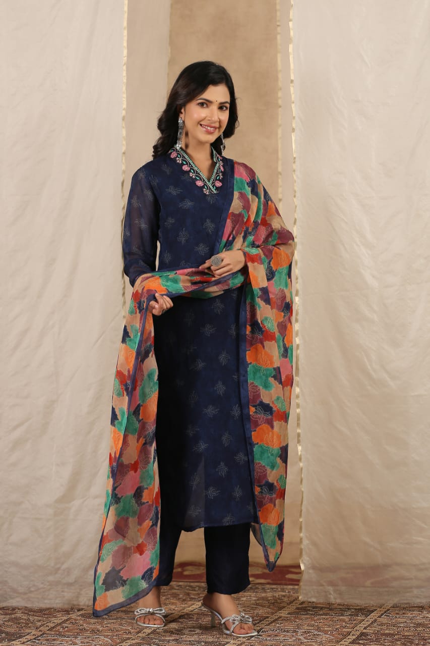 Leher Navy Kurta Pant & Dupatta Suit Set