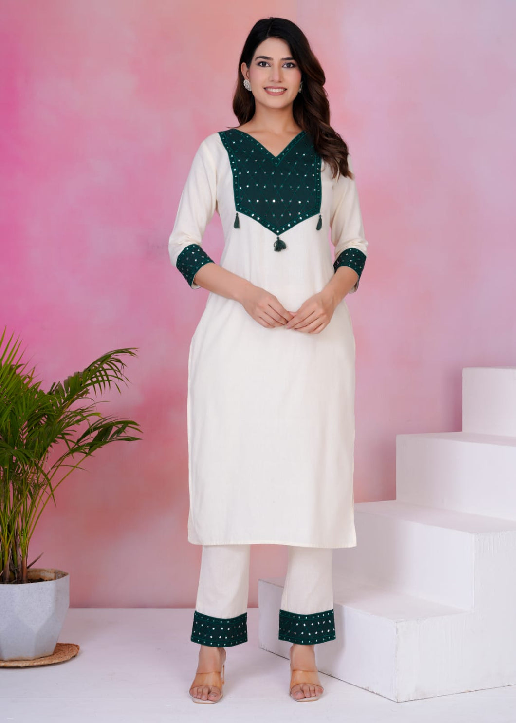 Ethnic White & Green Coord Set