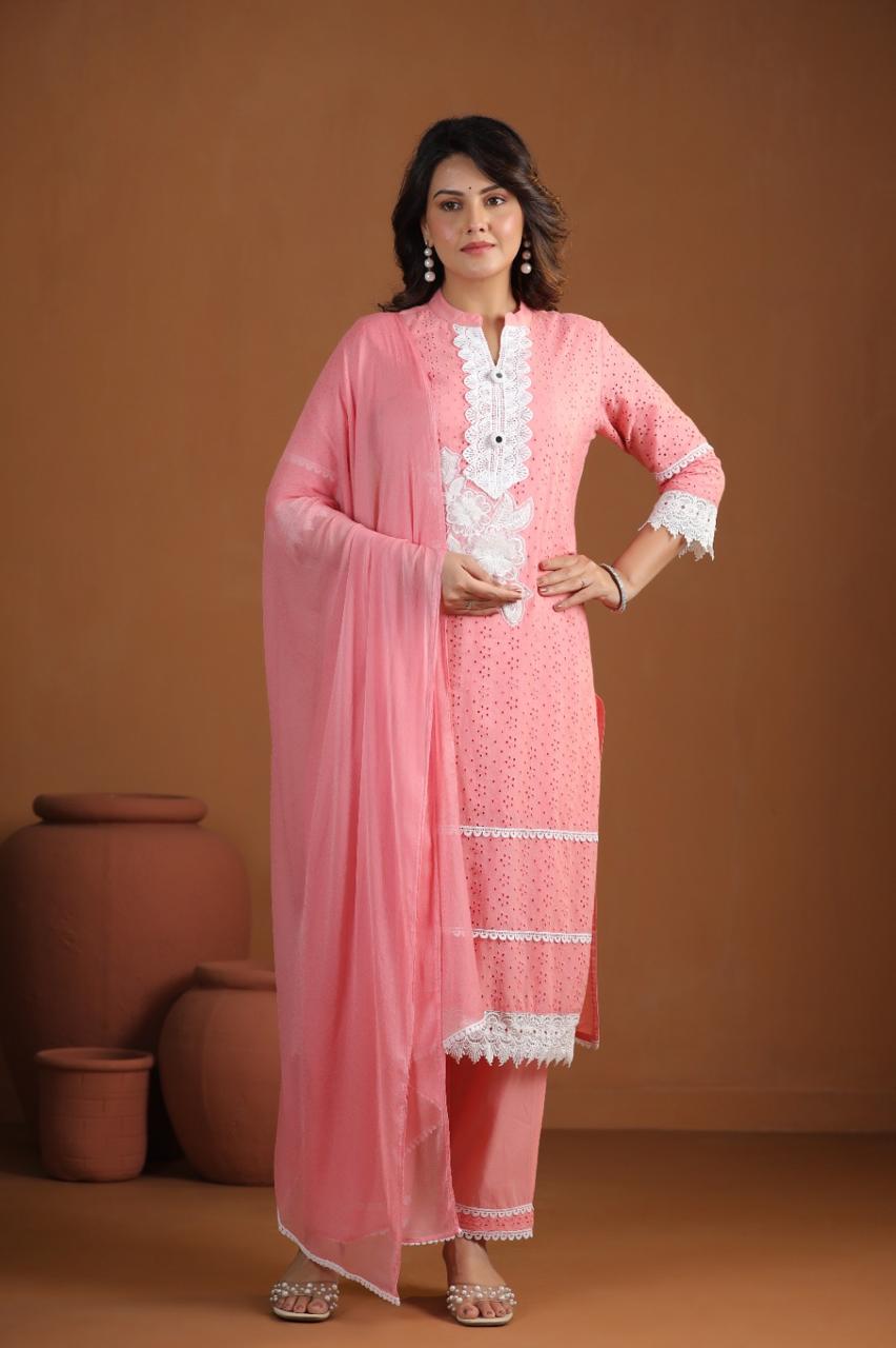 Pink Lace Kurta Pant and Dupatta Set