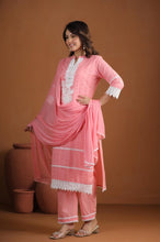 Load image into Gallery viewer, Pink Lace Kurta Pant and Dupatta Set
