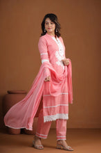 Load image into Gallery viewer, Pink Lace Kurta Pant and Dupatta Set
