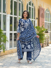 Load image into Gallery viewer, Grace Blue Kurta Pant &amp; Dupatta Suit Set -  Pure cotton

