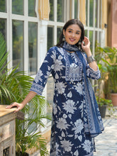 Load image into Gallery viewer, Grace Blue Kurta Pant &amp; Dupatta Suit Set -  Pure cotton
